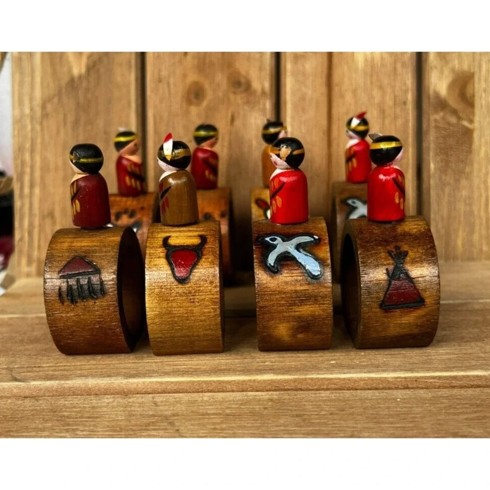 Native American Indian Style Wood Napkin ~ Rings Set of 8 ~ Carved Hand-Painted